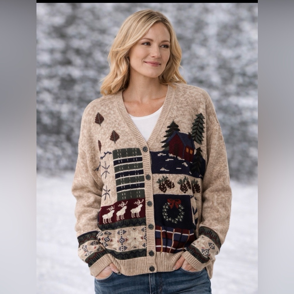 Festive Beige Sweater with Holiday Patterns